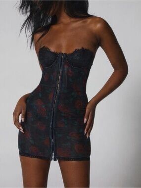 Dolls Kill XS Current Mood Black Mini Dress roses Subtle Red mesh bodycon
